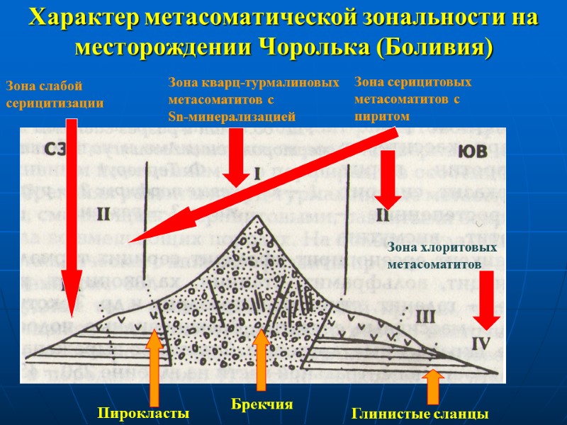 Характер метасоматической зональности на месторождении Чоролька (Боливия) Брекчия Пирокласты Глинистые сланцы Зона кварц-турмалиновых метасоматитов